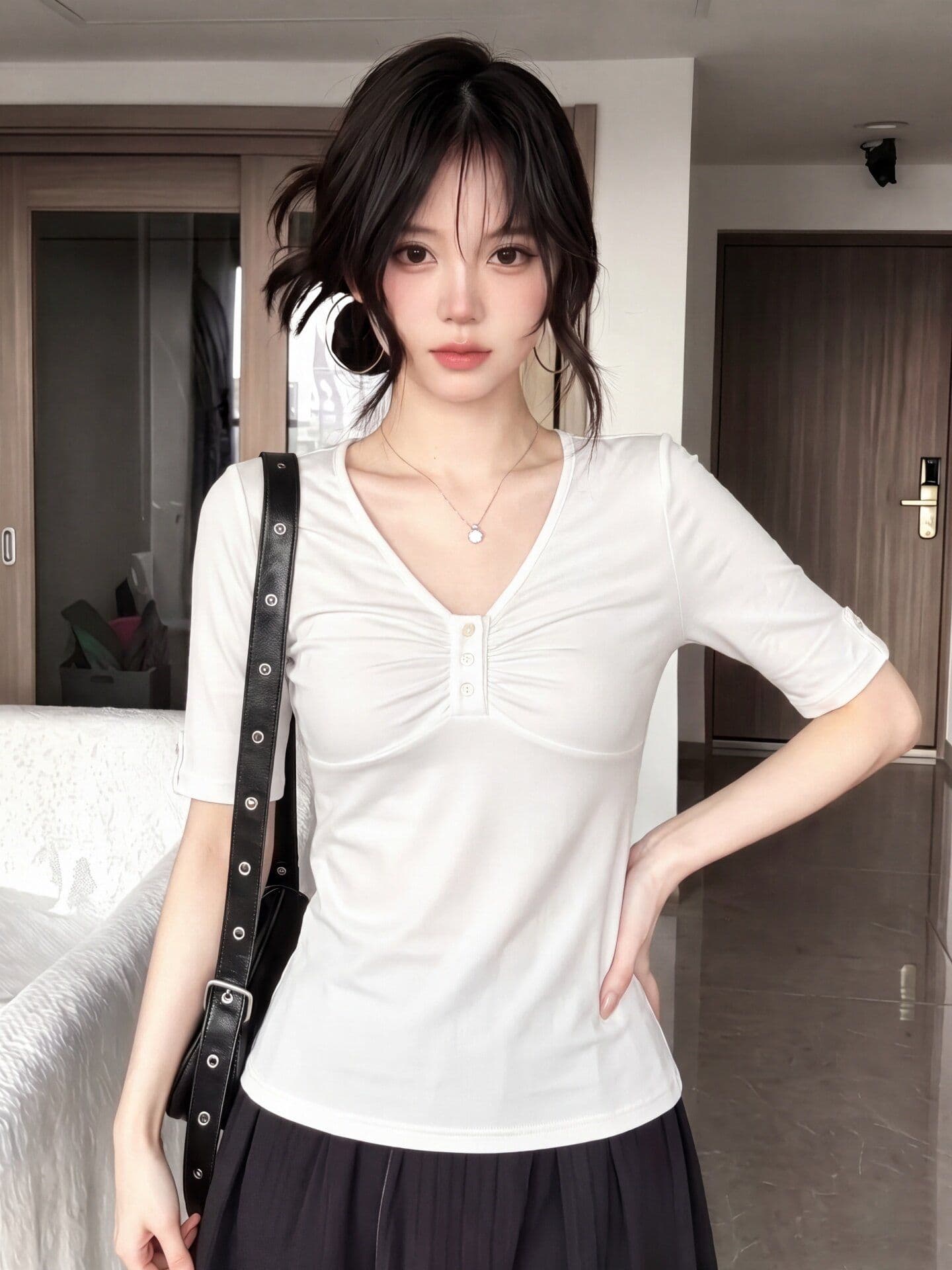 가을 새로운 디자인 센스 허리 수축 슬림해 보이는 다용도 좋은 면 맨위 한 부서 화이트 V넥 비틀림 반팔 티셔츠 여성 상세 이미지 4