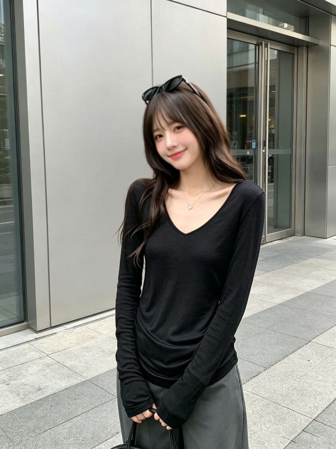 가을 새로운 V넥 다용도 긴팔 티셔츠 여성 의류 단색 검정색 니트 슬림해 보이는 기본 셔츠 여성 라이 경기 서울 맨위 이미지 3