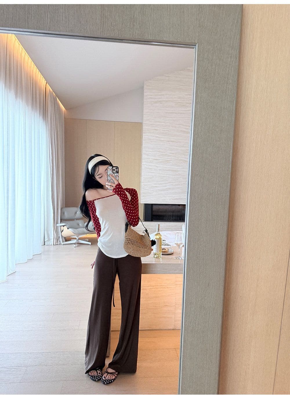 가을 새로운 도트 무늬 비스듬한 어깨 긴팔 티셔츠 여성 가을 핫걸 패치워크 색상 몸매 가꾸기 슬림해 보이는 디자인 만지기 면 맨위 상세 이미지 7