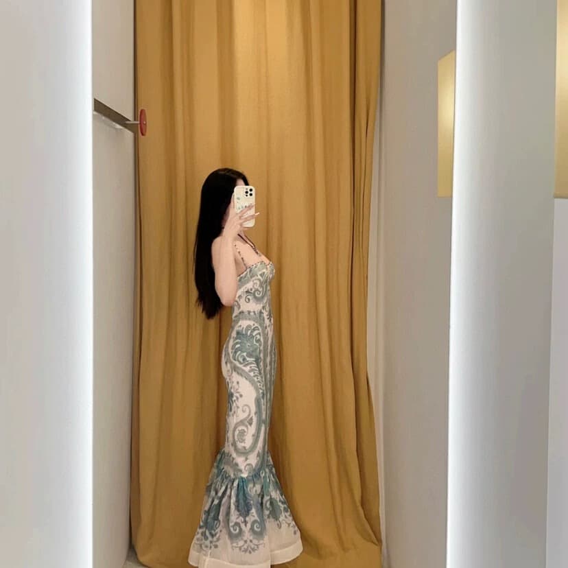 빛 럭셔리 높음 세트 봄 여름 진자 터키석 프린트 슬립 인어 꼬리 치마 롱 코트 품격 드레스 상세 이미지 8
