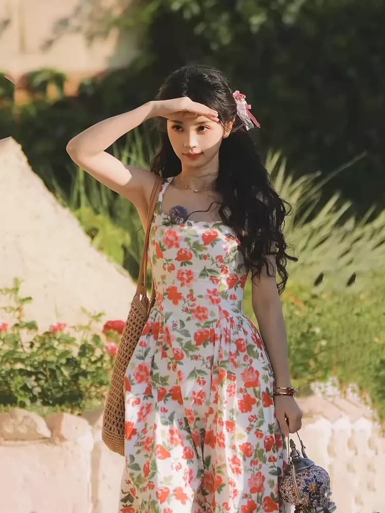 필드 크 사이 웨이 같은 단락 프랑스식 장미 꽃무늬 슬립 여성 드레스 여름 새로운 몸매 가꾸기 슬림해 보이는 휴가 바람 롱 스커트 상세 이미지 5