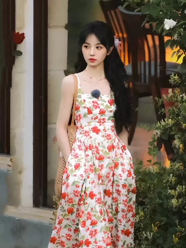 필드 크 사이 웨이 같은 단락 프랑스식 장미 꽃무늬 슬립 여성 드레스 여름 새로운 몸매 가꾸기 슬림해 보이는 휴가 바람 롱 스커트 상세 이미지 8
