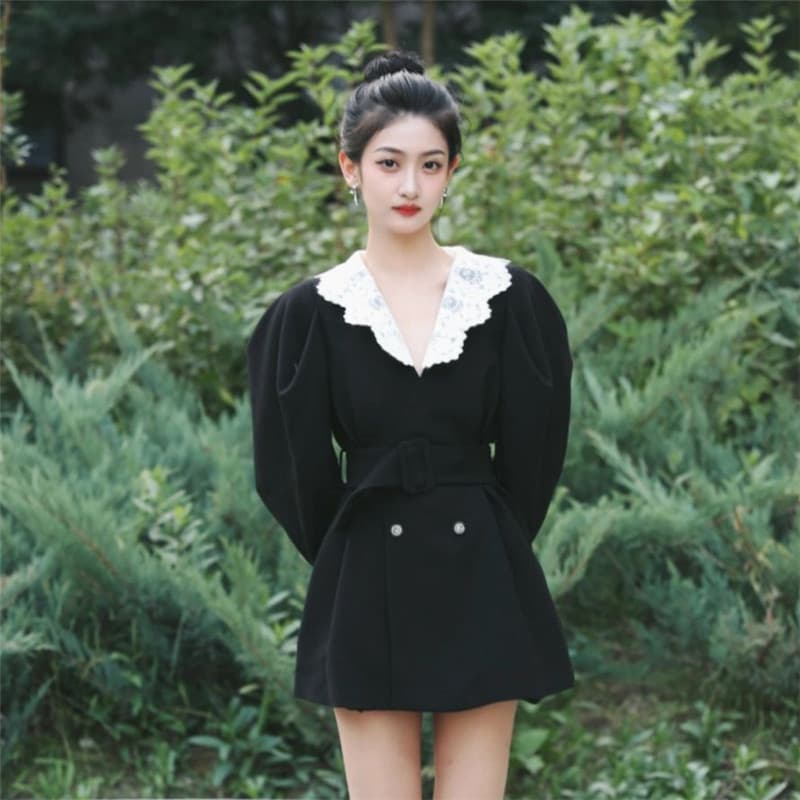 새로운 V넥 드레스 고급 센스 그는 벤 바람 허리 수축 슬림해 보이는 레이스 로얄 자매 블레이저 치마 상세 이미지 5