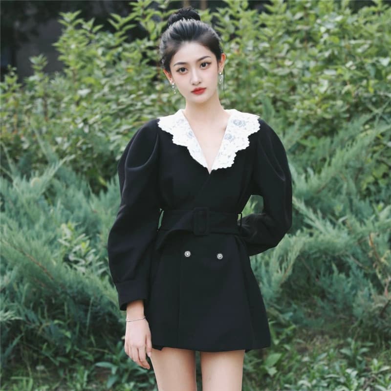 새로운 V넥 드레스 고급 센스 그는 벤 바람 허리 수축 슬림해 보이는 레이스 로얄 자매 블레이저 치마 상세 이미지 7