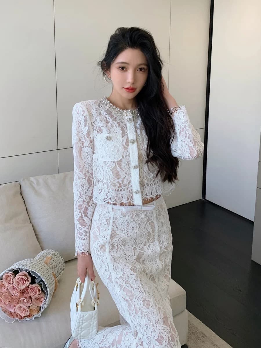 화이트 레이스 섹시함 맨위 인어 꼬리 반신 롱 스커트 고급 센스 프랑스식 작은 샤넬 스타일 요정 가스 세트 상세 이미지 4