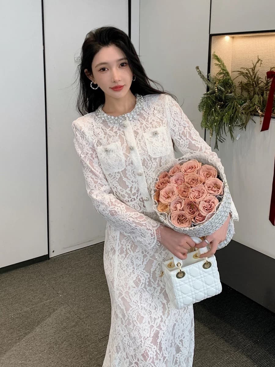 화이트 레이스 섹시함 맨위 인어 꼬리 반신 롱 스커트 고급 센스 프랑스식 작은 샤넬 스타일 요정 가스 세트 상세 이미지 5