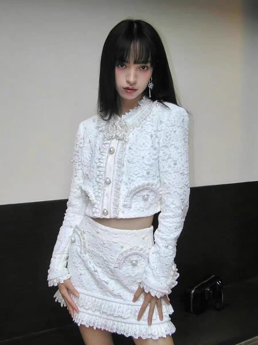 새로운 빅토리아 궁정 바람 무거운 작업 레이스 자수 짧은 외투 공주 프랑스식 세트 상세 이미지 1