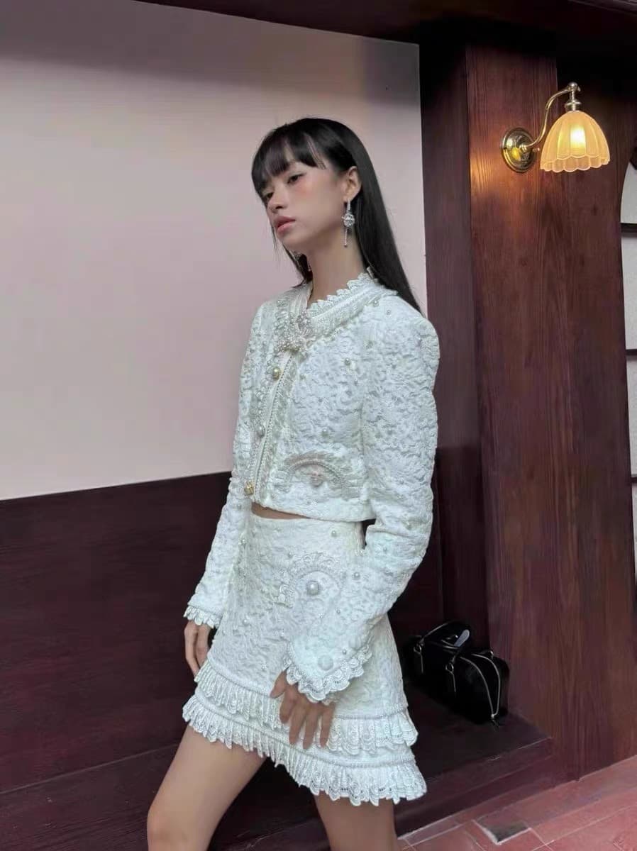 새로운 빅토리아 궁정 바람 무거운 작업 레이스 자수 짧은 외투 공주 프랑스식 세트 상세 이미지 3
