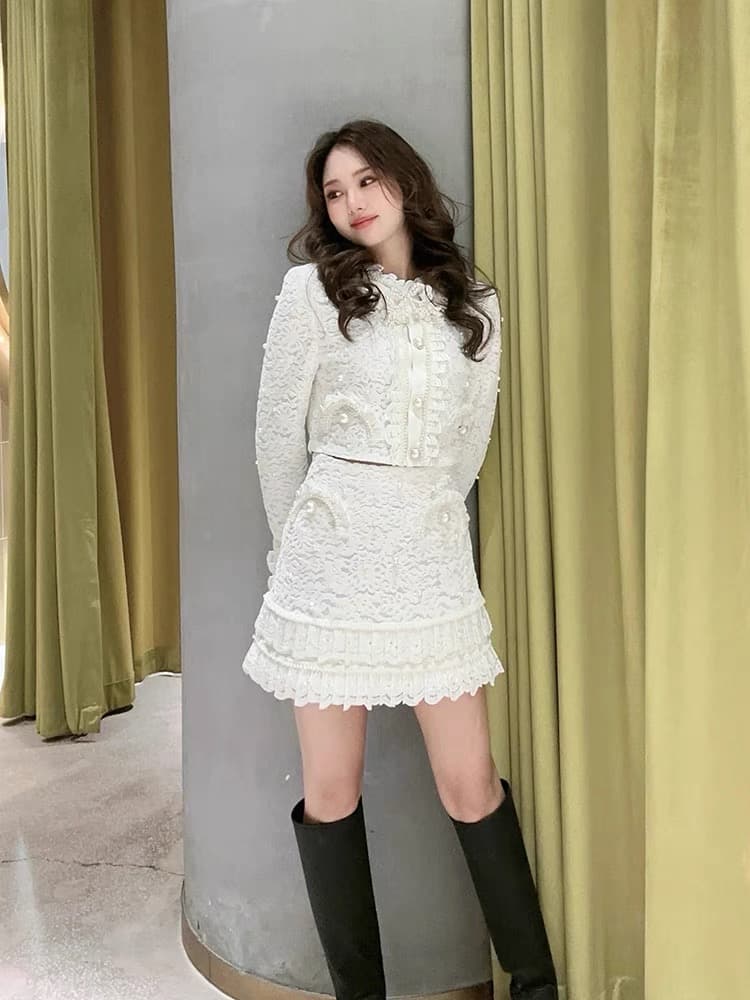 새로운 빅토리아 궁정 바람 무거운 작업 레이스 자수 짧은 외투 공주 프랑스식 세트 상세 이미지 6