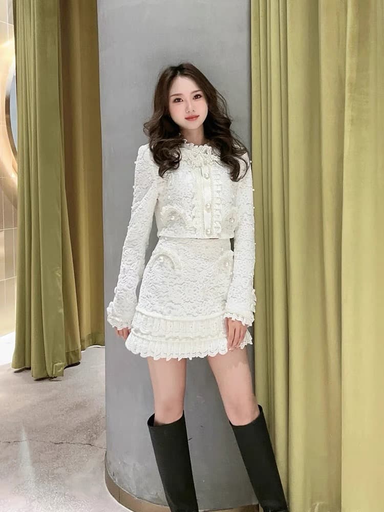 새로운 빅토리아 궁정 바람 무거운 작업 레이스 자수 짧은 외투 공주 프랑스식 세트 상세 이미지 7