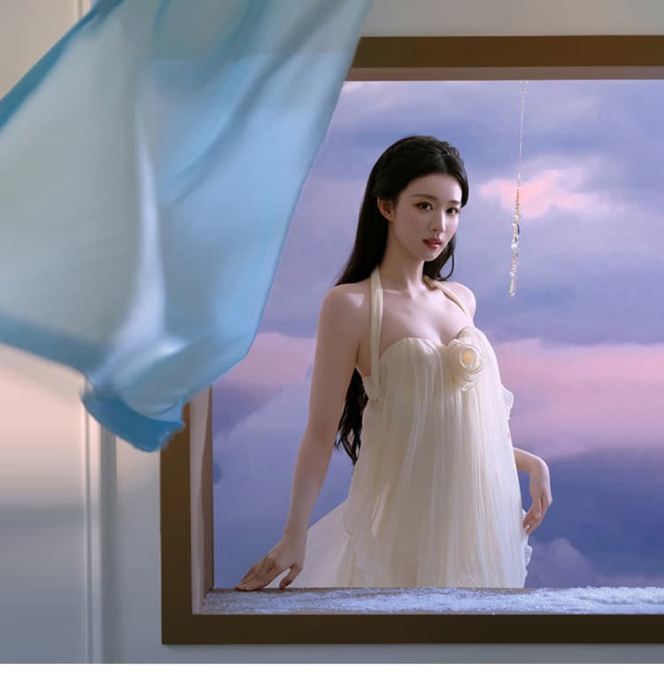 프리 세일 왕 추 물론 같은 단락 슈퍼 요정 거즈 우아한 망사 행침 목 튜브탑 백리스 분위기 센스 드레스 상세 이미지 2
