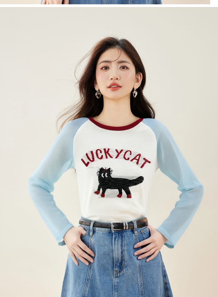 파란색 삽입 어깨 새끼 고양이 긴팔 얇은 스타일 자외선 차단 블라우스 티셔츠 여성 새로운 2026 초여름 상세 이미지 5