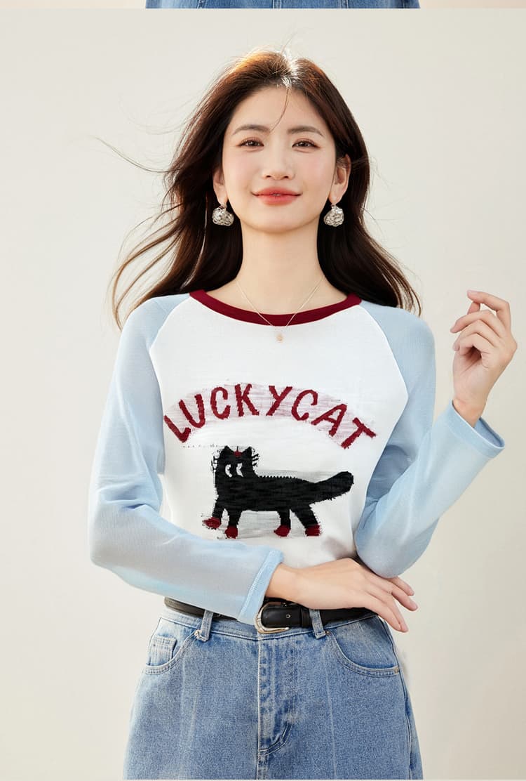 파란색 삽입 어깨 새끼 고양이 긴팔 얇은 스타일 자외선 차단 블라우스 티셔츠 여성 새로운 2026 초여름 상세 이미지 6