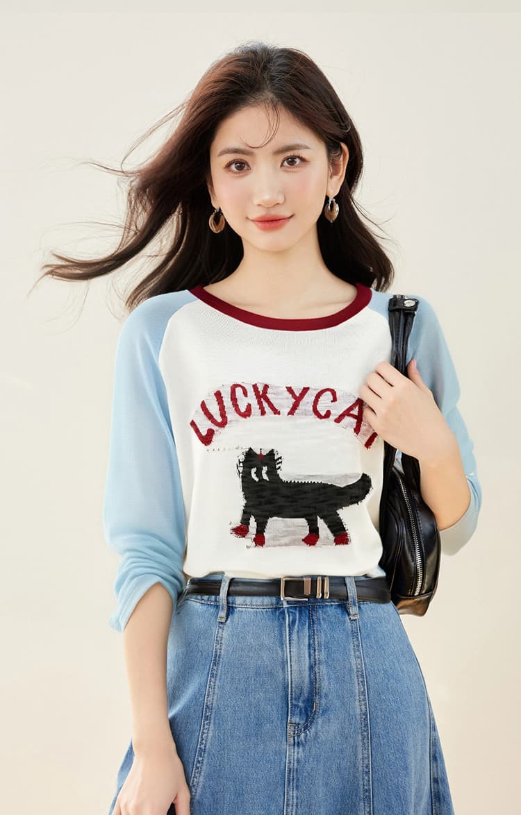 파란색 삽입 어깨 새끼 고양이 긴팔 얇은 스타일 자외선 차단 블라우스 티셔츠 여성 새로운 2026 초여름 상세 이미지 7