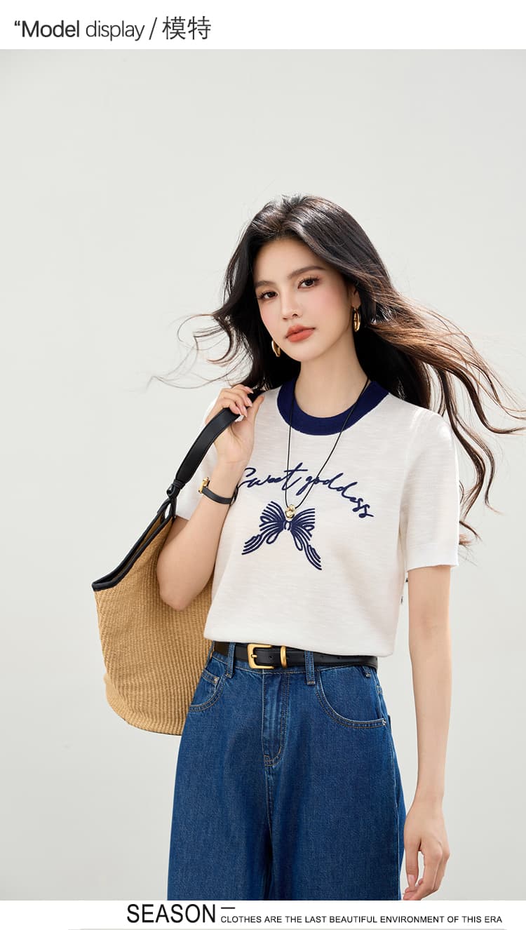 2026 년 여름 새로운 달콤함 알파벳 얇은 니트 스웨터 여성용 짧은 소매 상세 이미지 3