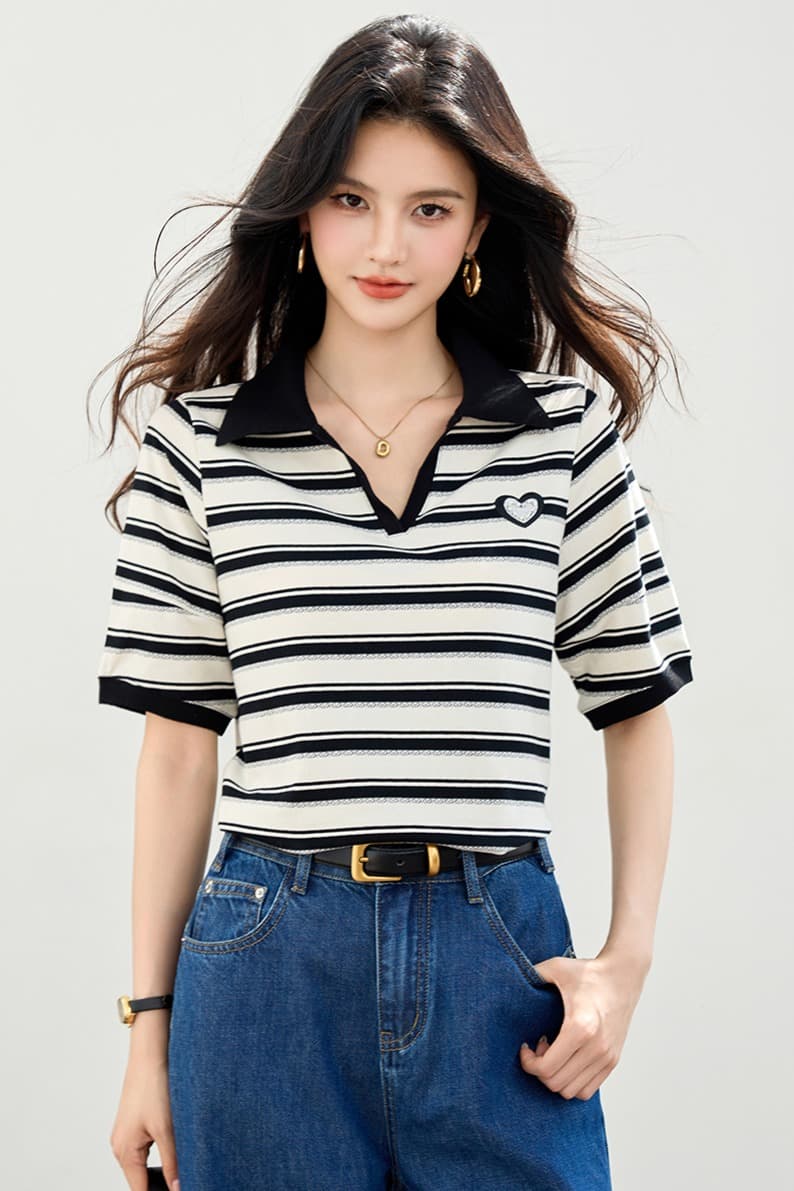 출퇴근 패션 바다 부서 스트라이프 POLO 셔츠 얇은 스타일 반팔 티셔츠 여성 여름 2026 아메리칸 레트로 긍정적 인 어깨 의류 이미지 5