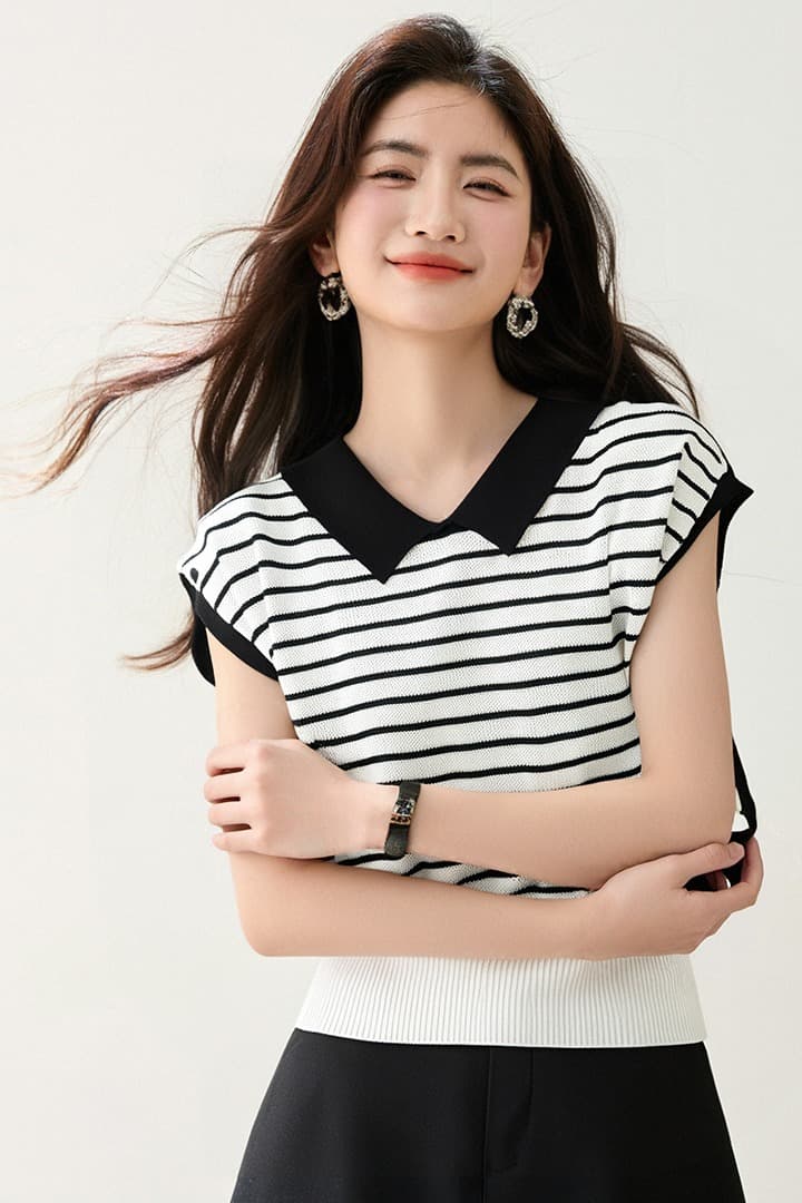 POLO 칼라 배색 스트라이프 얼음 실크 니트 스웨터 여성용 짧은 소매 새로운 얇은 스타일 폴로 칼라 만나는 맨위 트렌디 이미지 5