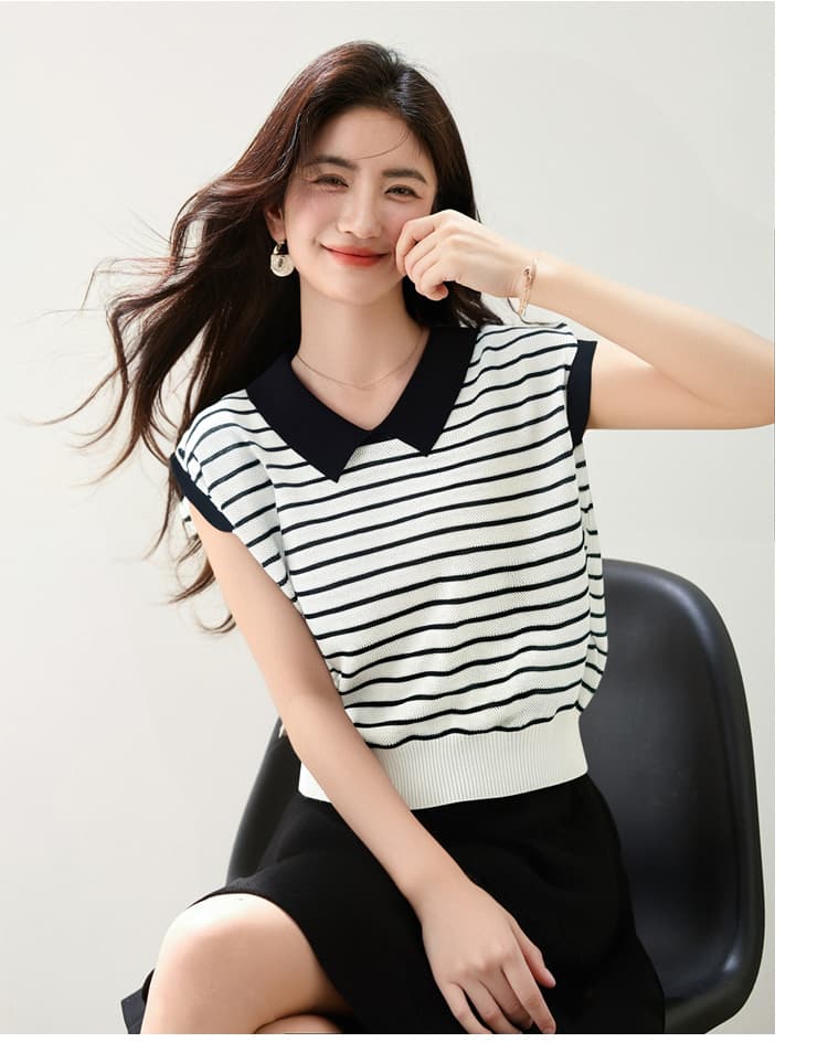 POLO 칼라 배색 스트라이프 얼음 실크 니트 스웨터 여성용 짧은 소매 새로운 얇은 스타일 폴로 칼라 만나는 맨위 트렌디 상세 이미지 4
