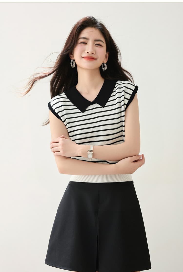 POLO 칼라 배색 스트라이프 얼음 실크 니트 스웨터 여성용 짧은 소매 새로운 얇은 스타일 폴로 칼라 만나는 맨위 트렌디 상세 이미지 6