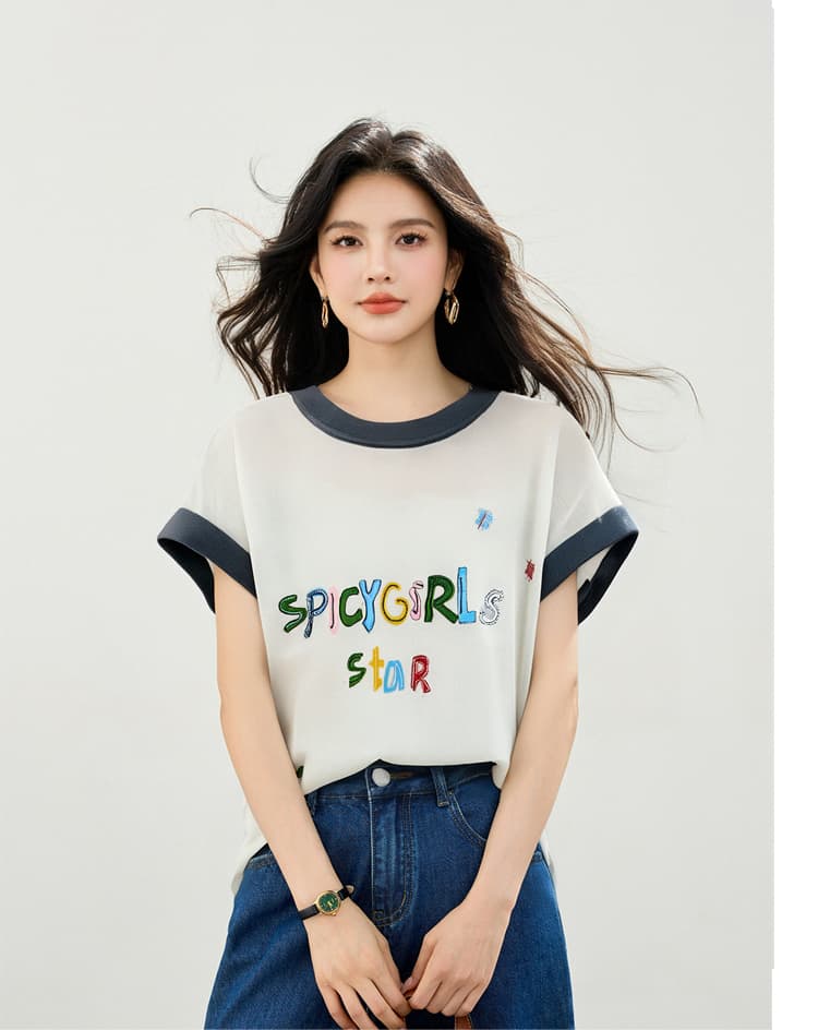 2026 년 여름 배색 라운드 넥 자수 티셔츠 한국 스타일 출퇴근 다용도 맨위 상세 이미지 4