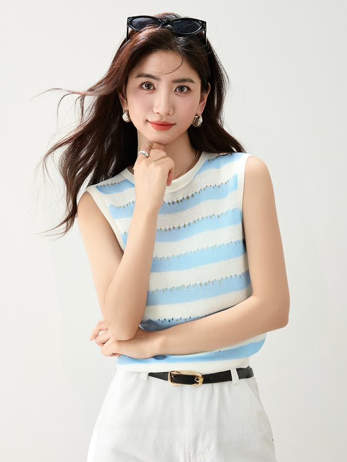 스트라이프 얼음 실크 니트 스웨터 여성 2026 여름 홀로우 아웃 블라우스 민소매 맨위 여성