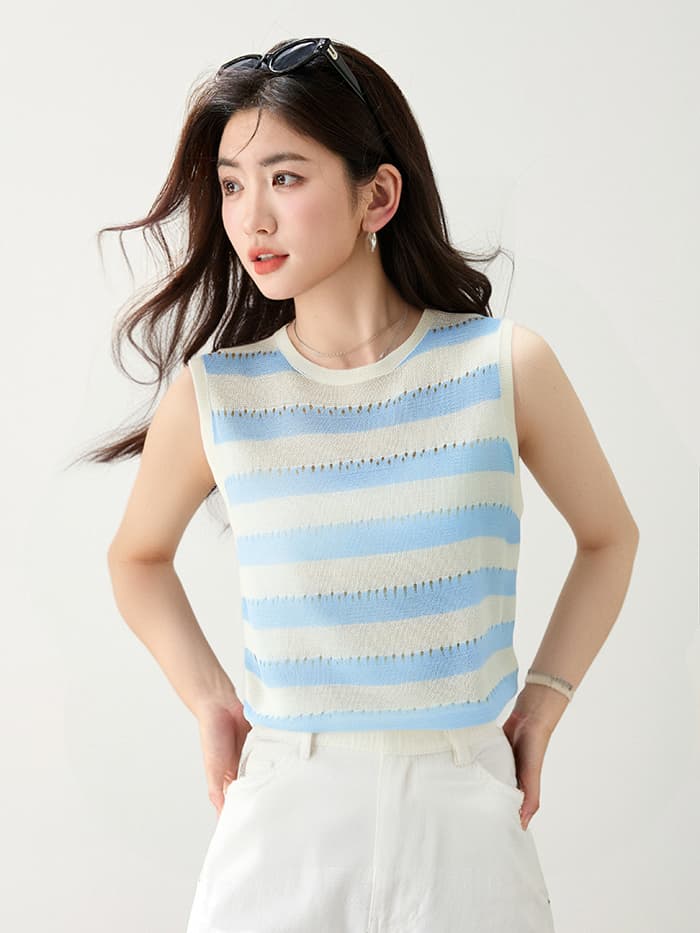 스트라이프 얼음 실크 니트 스웨터 여성 2026 여름 홀로우 아웃 블라우스 민소매 맨위 여성 이미지 3