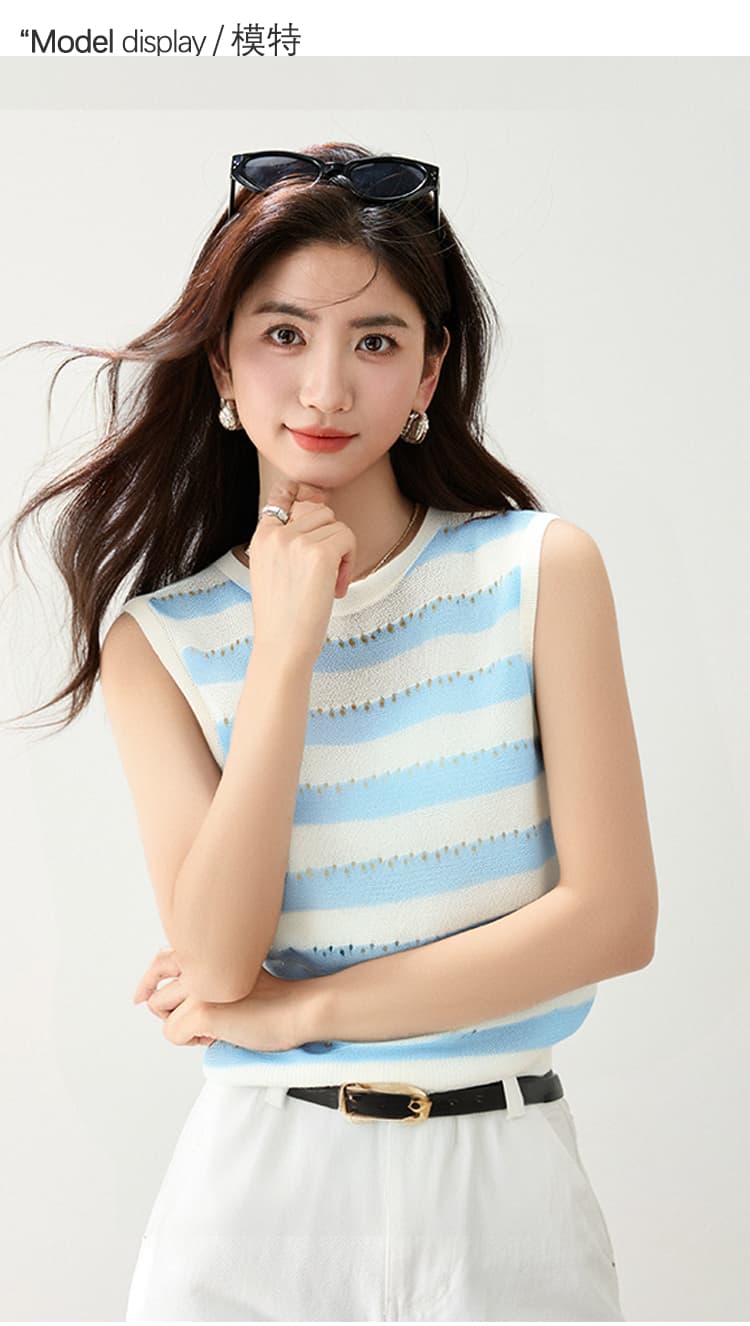 스트라이프 얼음 실크 니트 스웨터 여성 2026 여름 홀로우 아웃 블라우스 민소매 맨위 여성 상세 이미지 3