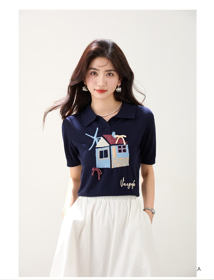 니트 반팔 여성 여름 새로운 얇은 스타일 작은 대중 맨위 루즈핏 POLO 칼라 티셔츠 설탕 하우스 둘러보기 상세 이미지 8