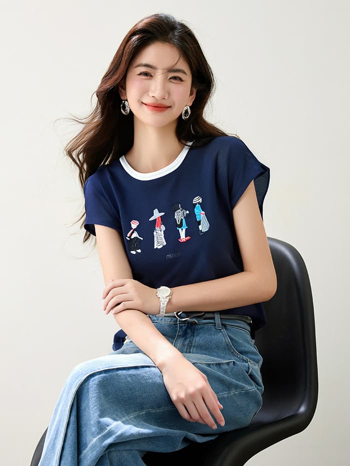 한 부서 캐주얼 카드 사람들을 패스 자수 라운드 넥 반팔 맨위 긍정적 인 어깨 슬림해 보이는 연령 감소 티셔츠 이미지 2