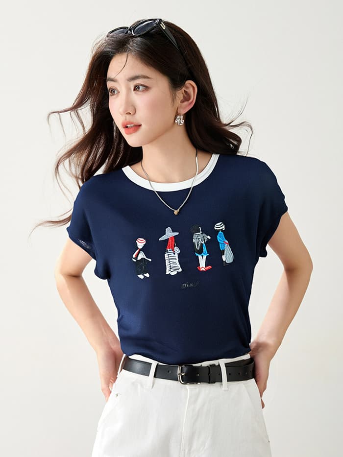 한 부서 캐주얼 카드 사람들을 패스 자수 라운드 넥 반팔 맨위 긍정적 인 어깨 슬림해 보이는 연령 감소 티셔츠