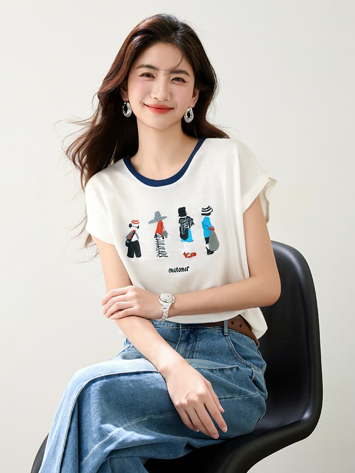 한 부서 캐주얼 카드 사람들을 패스 자수 라운드 넥 반팔 맨위 긍정적 인 어깨 슬림해 보이는 연령 감소 티셔츠 이미지 4