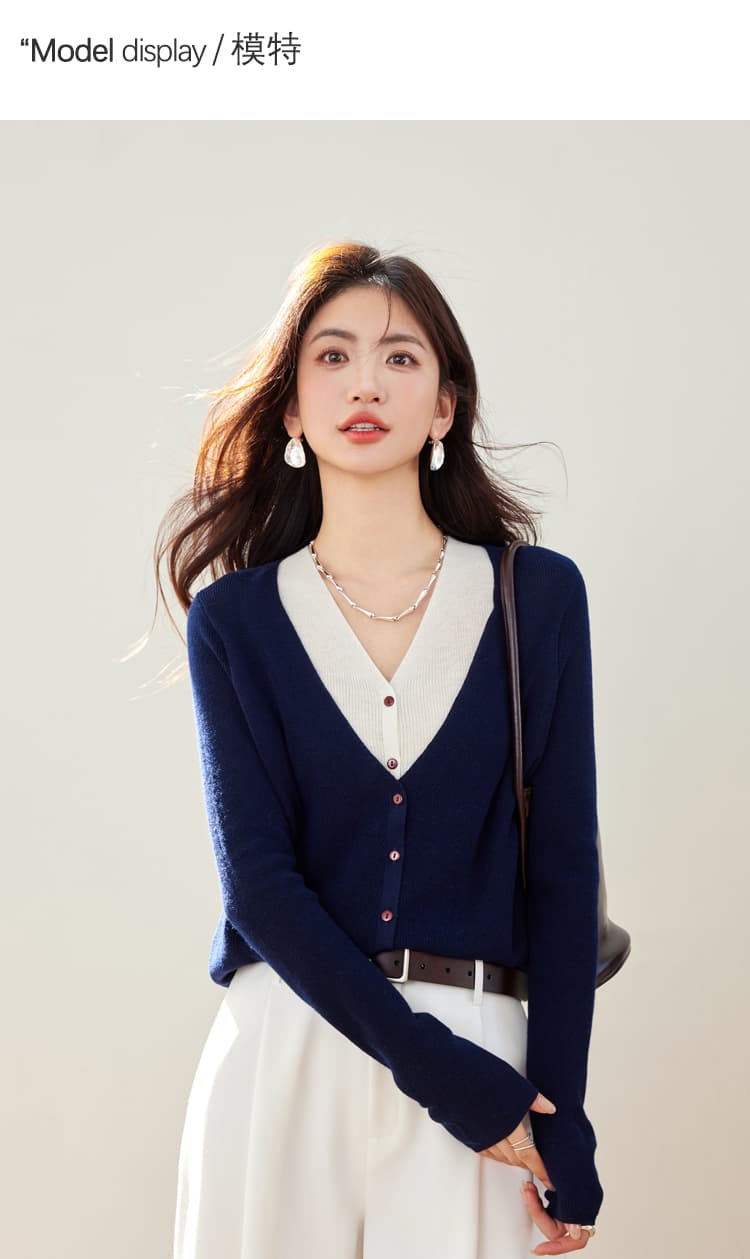 실사 좋은 양모 페이크 레이어드 니트 오픈 가디건 가을 새로운 느긋한 바람 배색 맨위 상세 이미지 4
