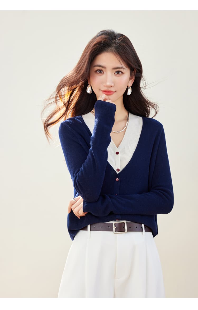 실사 좋은 양모 페이크 레이어드 니트 오픈 가디건 가을 새로운 느긋한 바람 배색 맨위 상세 이미지 8