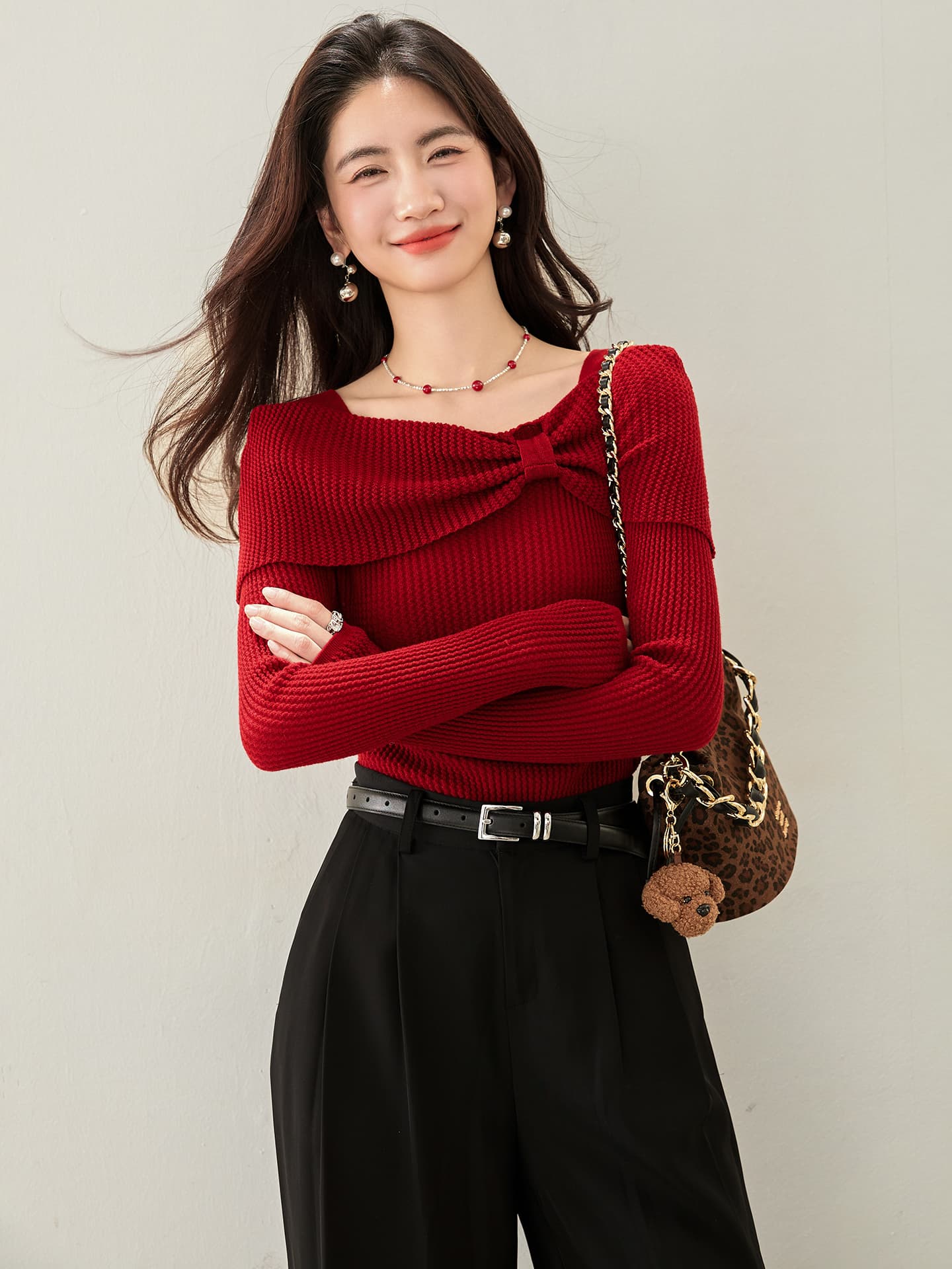 실사 2026 새로운 양모 나비 매듭 큰 배 칼라 우아함 프로 피부 몸매 가꾸기 니트 스웨터 여성 이미지 2