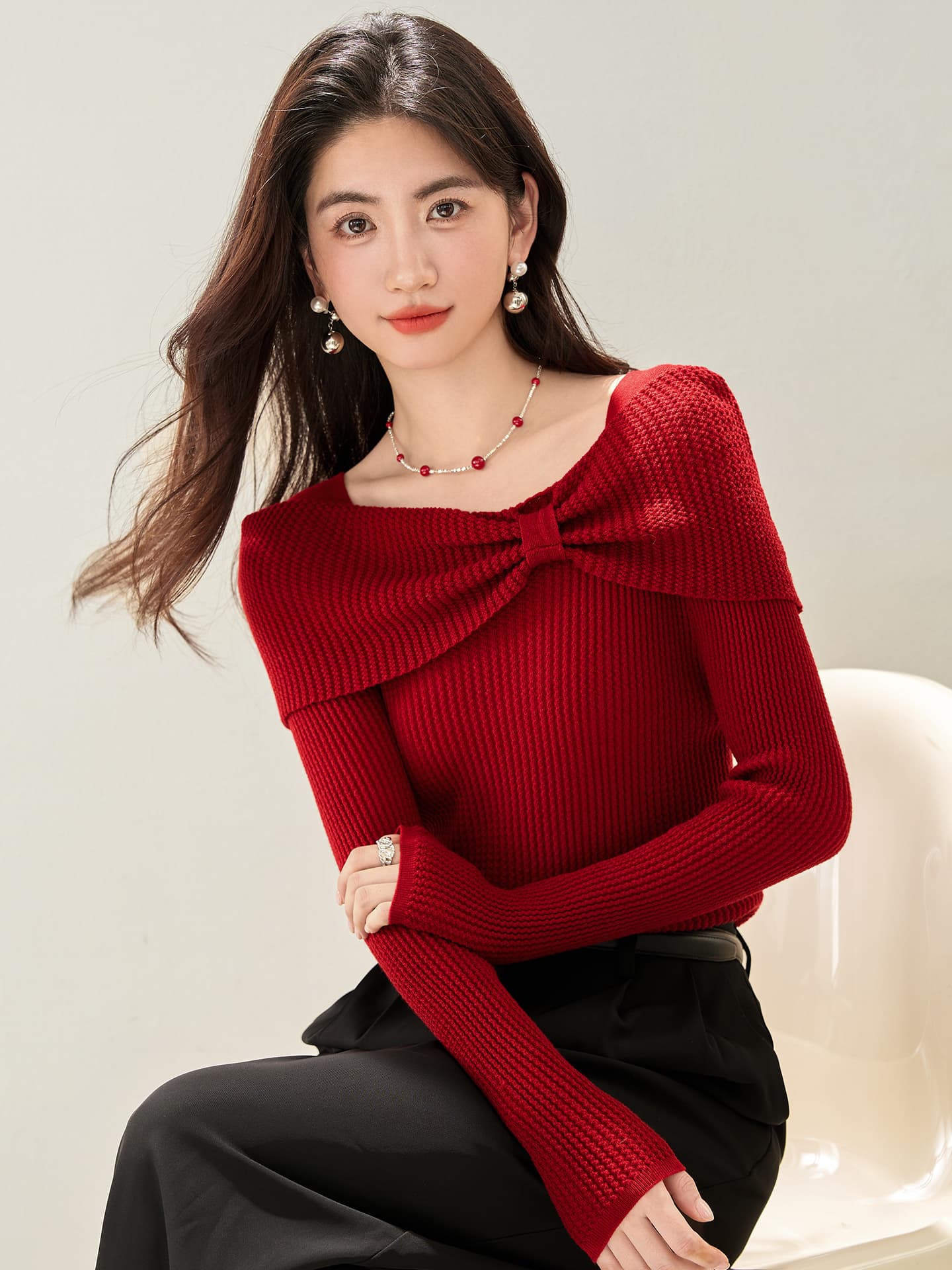 실사 2026 새로운 양모 나비 매듭 큰 배 칼라 우아함 프로 피부 몸매 가꾸기 니트 스웨터 여성 이미지 3