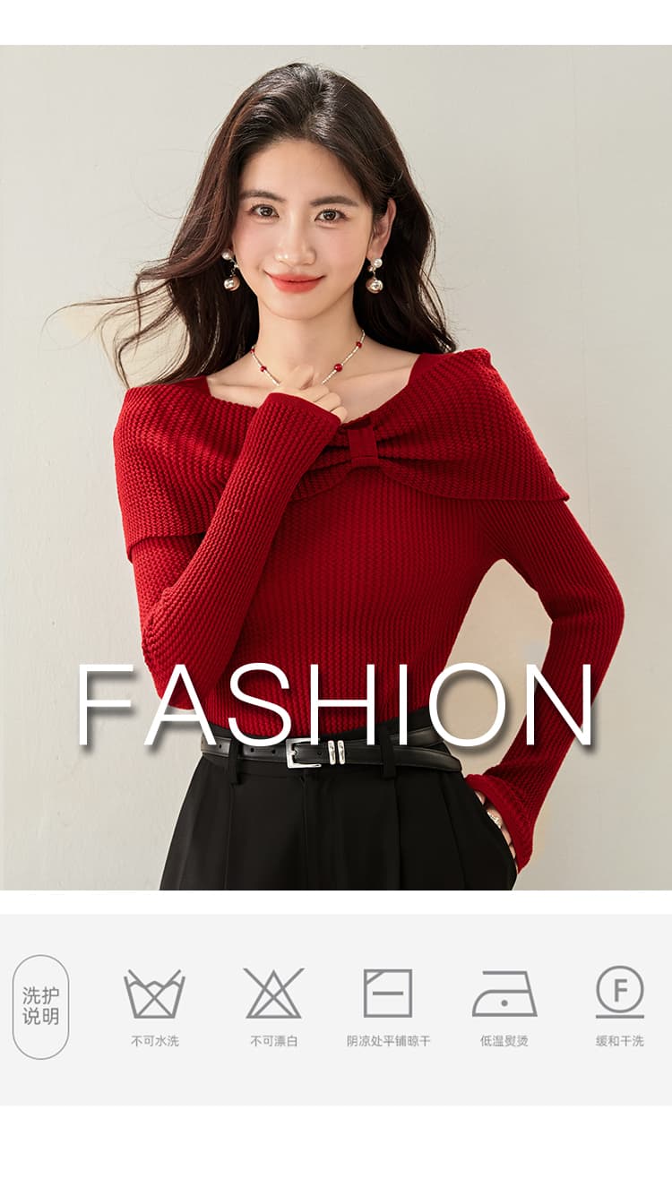 실사 2026 새로운 양모 나비 매듭 큰 배 칼라 우아함 프로 피부 몸매 가꾸기 니트 스웨터 여성 상세 이미지 1
