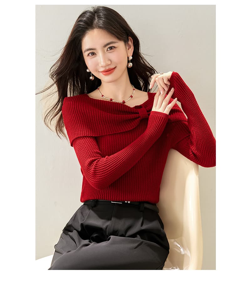 실사 2026 새로운 양모 나비 매듭 큰 배 칼라 우아함 프로 피부 몸매 가꾸기 니트 스웨터 여성 상세 이미지 4