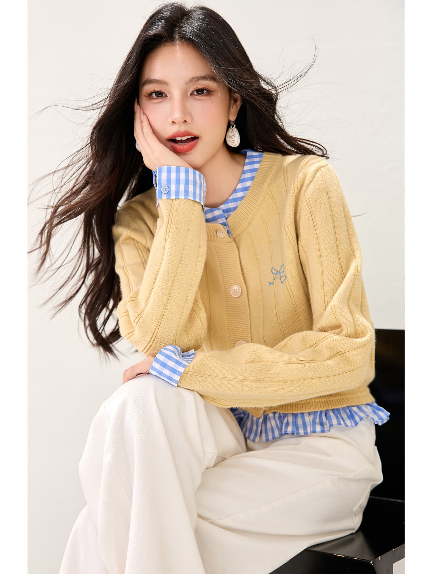 실사 2026 가을 겨울철 싱글 줄 버튼 아메리칸 레트로 체크무늬 패치워크 페이크 레이어드 스웨터 이미지 4