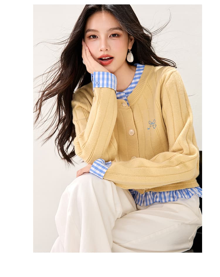실사 2026 가을 겨울철 싱글 줄 버튼 아메리칸 레트로 체크무늬 패치워크 페이크 레이어드 스웨터 상세 이미지 4