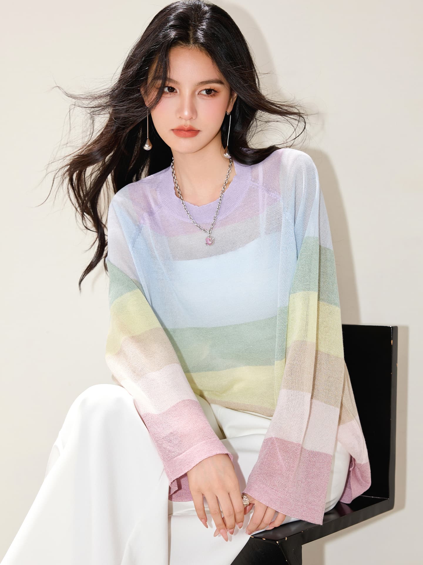 2026 봄 여름 섹션 무지개 스트라이프 니트 스웨터 여성 새로운 루즈핏 티셔츠 Tulle 자외선 차단 블라우스 트렌드 도파민 이미지 4