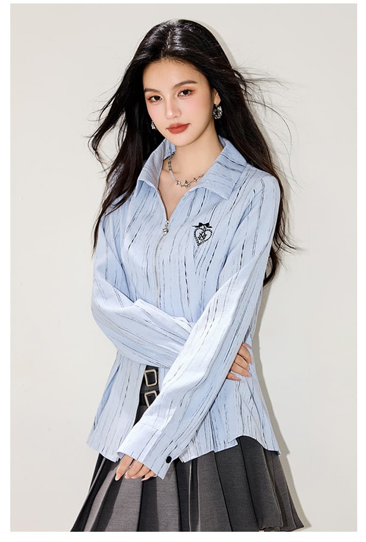 실사 2026 하늘색 더블 머리 지퍼 셔츠 POLO 칼라 거리 바람 루즈핏 디자인 센스 여성 긴 소매 오픈 가디건 상세 이미지 6