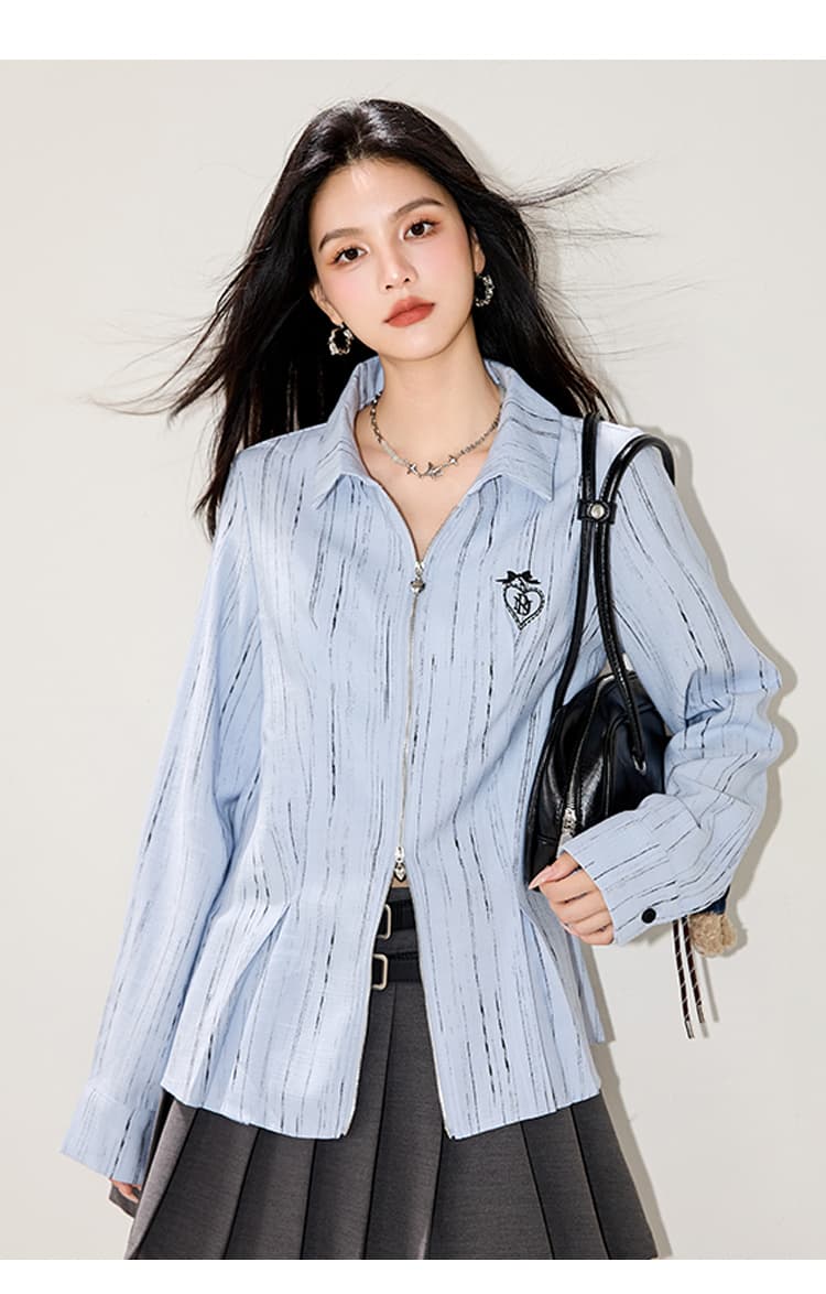 실사 2026 하늘색 더블 머리 지퍼 셔츠 POLO 칼라 거리 바람 루즈핏 디자인 센스 여성 긴 소매 오픈 가디건 상세 이미지 7