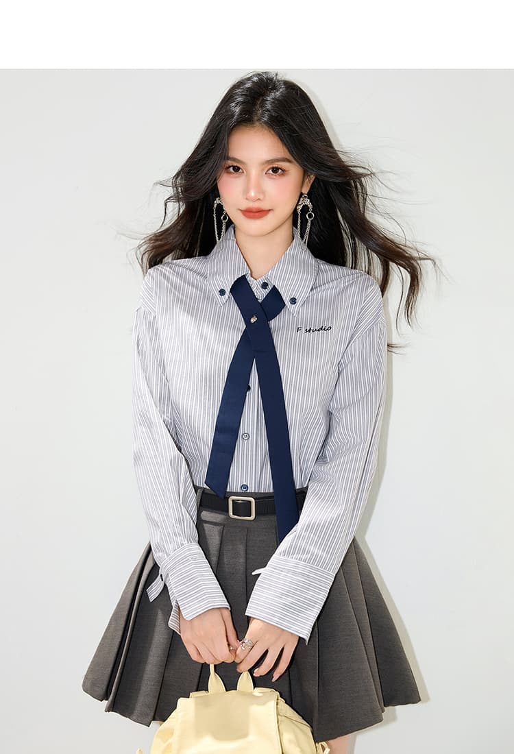 실사 2026 봄 스트라이프 넥타이 긴팔 여성 셔츠 루즈핏 POLO 칼라 캐주얼 자수 셔츠 상세 이미지 2