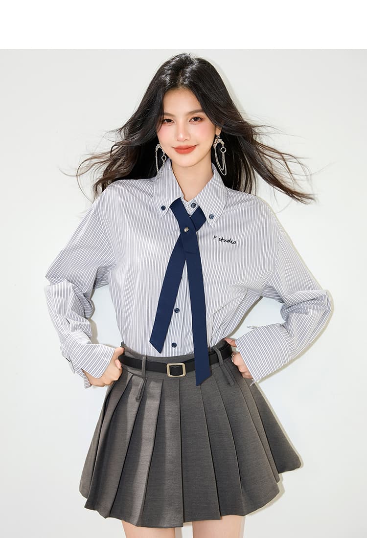 실사 2026 봄 스트라이프 넥타이 긴팔 여성 셔츠 루즈핏 POLO 칼라 캐주얼 자수 셔츠 상세 이미지 6