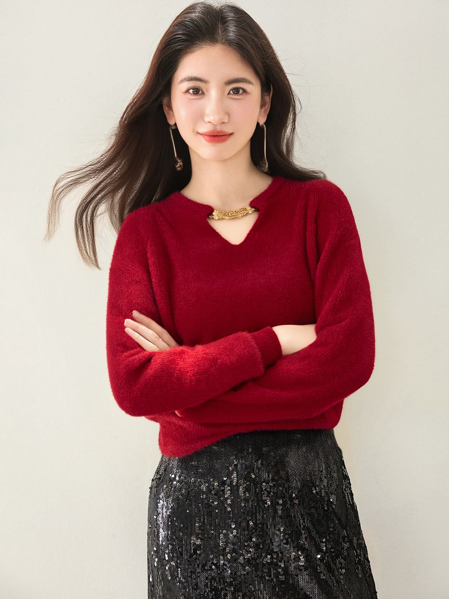 통제 가격 이상 129 실사 2025 디자인 센스 홀로우 아웃 스웨터 여자 가을 겨울 작은 샤넬 스타일 니트 스웨터 맨위 이미지 2