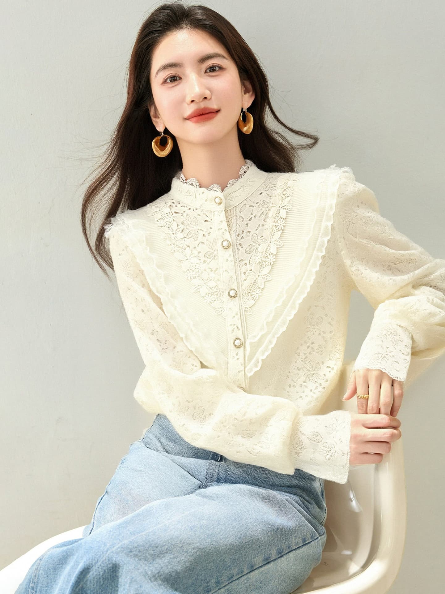 실사 2026 봄 새로운 스탠드 칼라 레이스 기본 셔츠 여성 오픈 가디건 인사이드 가져 가라. 고급 센스 맨위 이미지 2