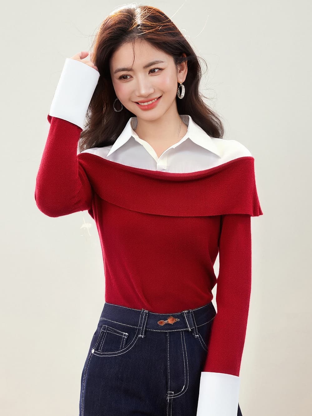 실사 있음 2026 봄 디자인 센스 패치워크 페이크 레이어드 폴로 칼라 긴팔 니트 스웨터 여성 이미지 4