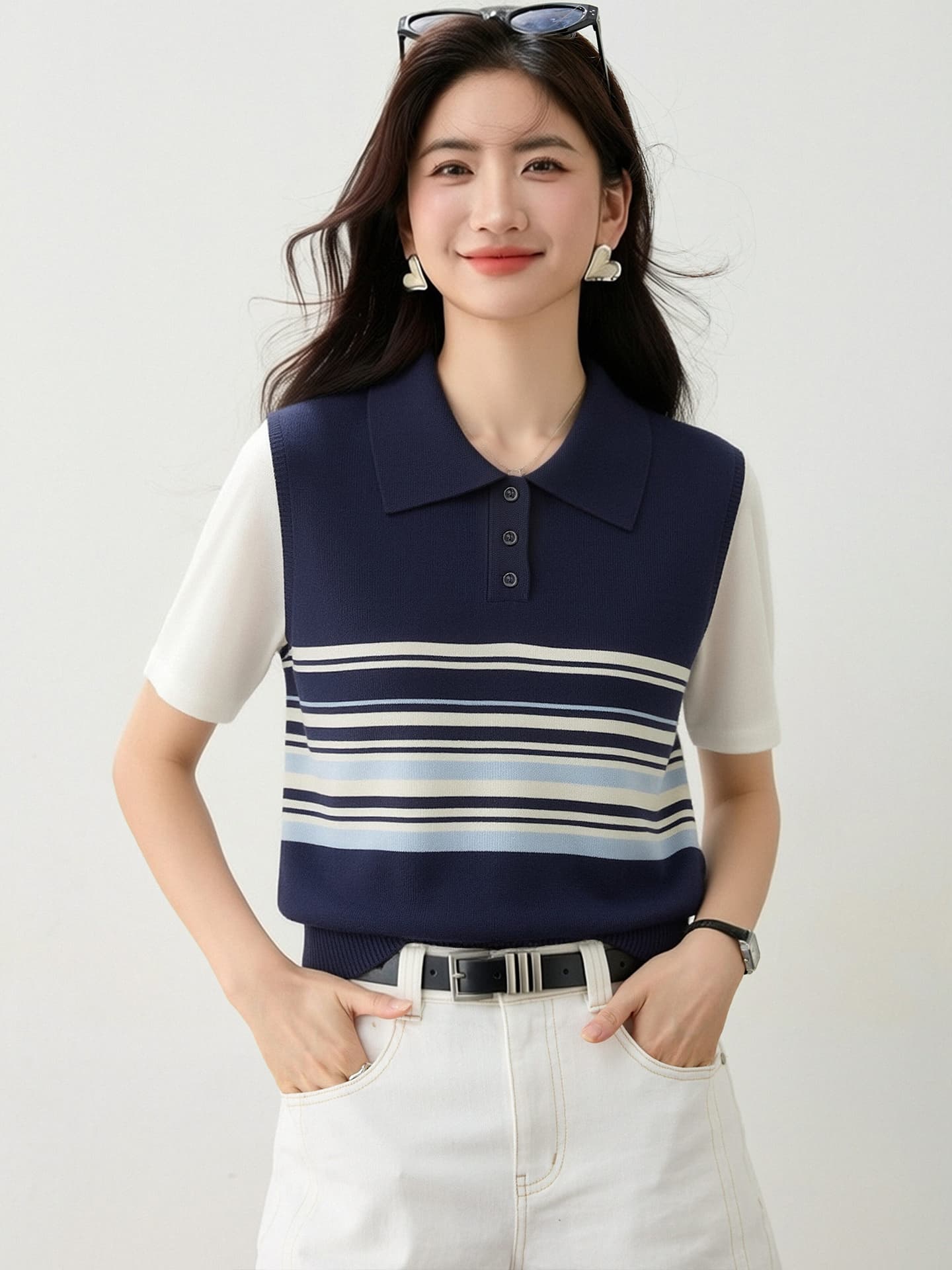 실사 있음 2026 연령 감소 달콤한 자매 POLO 칼라 반팔 배색 스트라이프 니트 맨위 2026 여름 이미지 3