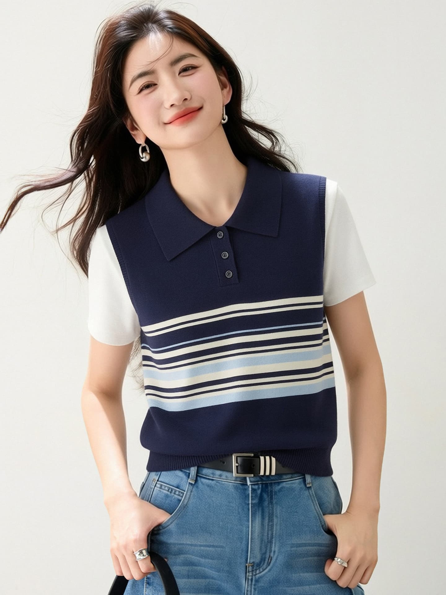 실사 있음 2026 연령 감소 달콤한 자매 POLO 칼라 반팔 배색 스트라이프 니트 맨위 2026 여름