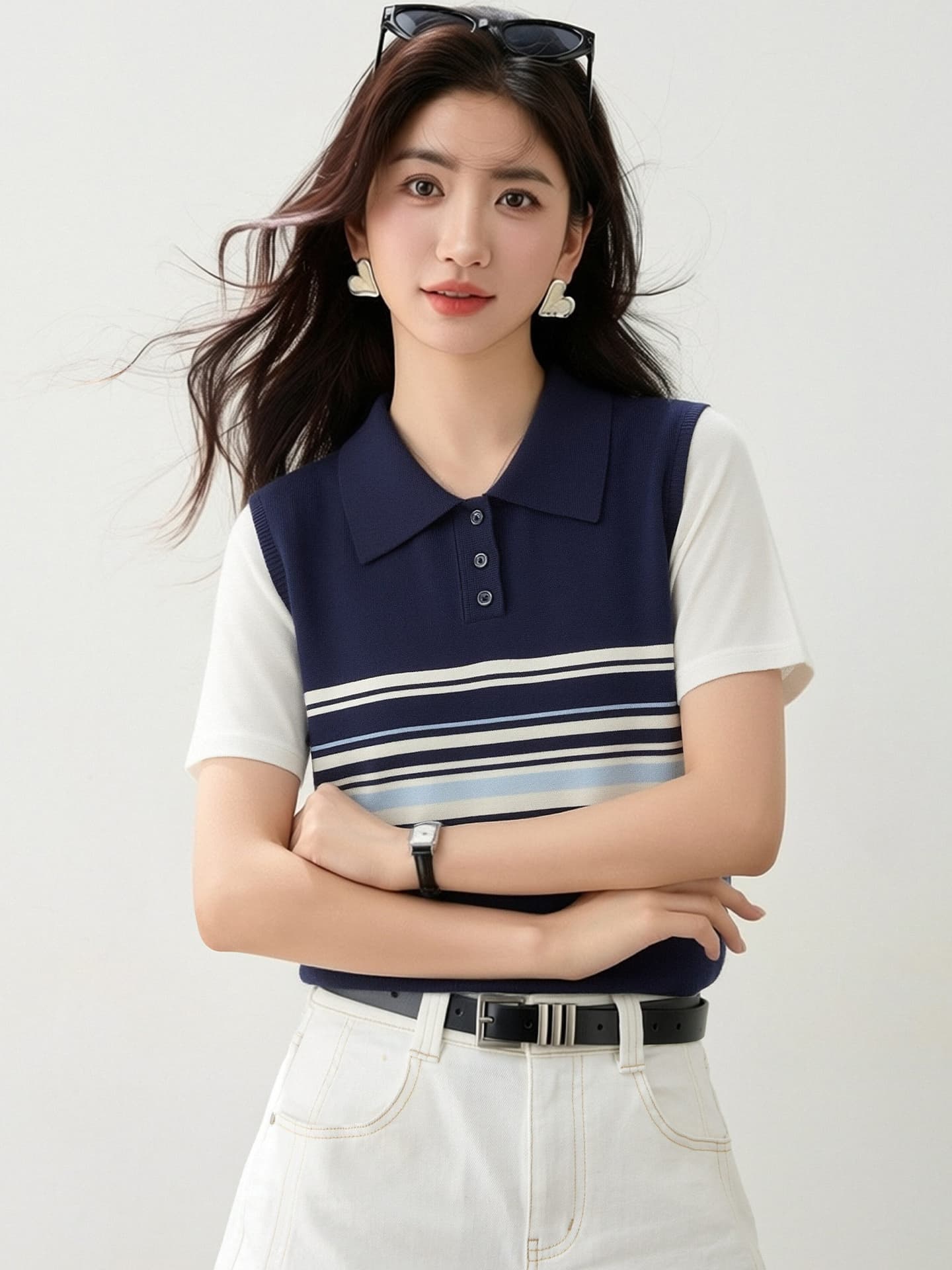 실사 있음 2026 연령 감소 달콤한 자매 POLO 칼라 반팔 배색 스트라이프 니트 맨위 2026 여름 이미지 2